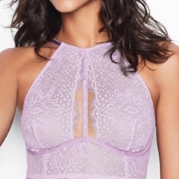Victoria's Secret Other - Victorias Secret Very Sexy Plunge Lace Halter High Neck Long Line Bra Lilac 32DD